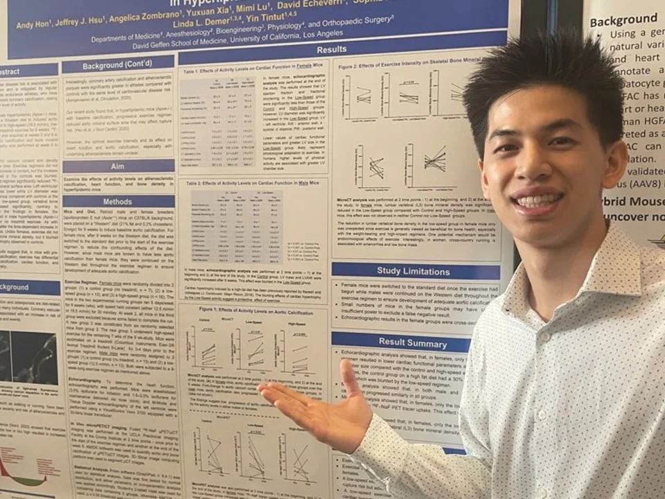 A lab member in front of a poster at the UCLA Cardiovascular Theme Symposium.